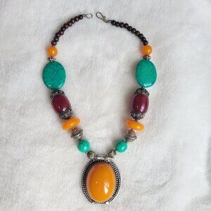 Gorgeous Statement Gemstone Jewelry Orange Pendant Turqoise Stones